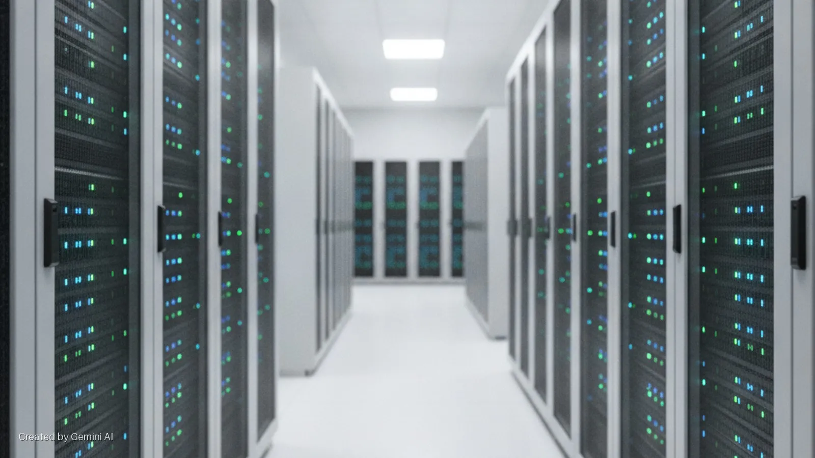 A bright data center corridor features rows of server racks lining both sides, illuminated by overhead panel lights and numerous blinking green and blue status lights on the servers.