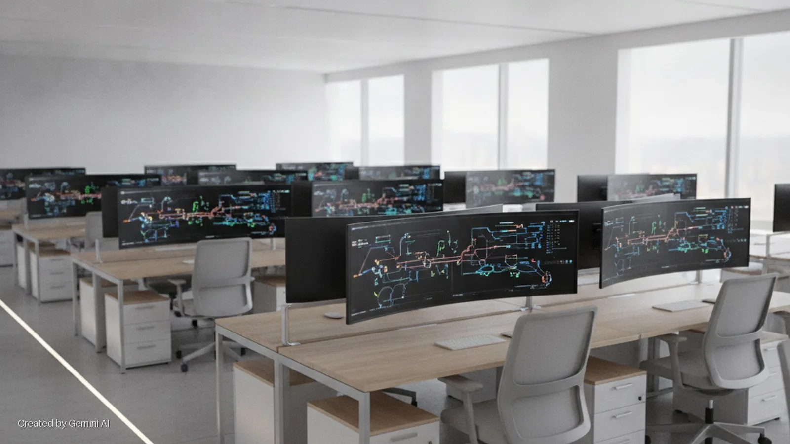 A bright, modern office with rows of light wood desks, ergonomic chairs, and filing cabinets, all featuring large curved monitors displaying colorful network diagrams, illuminated by natural light from large windows and a floor strip light.