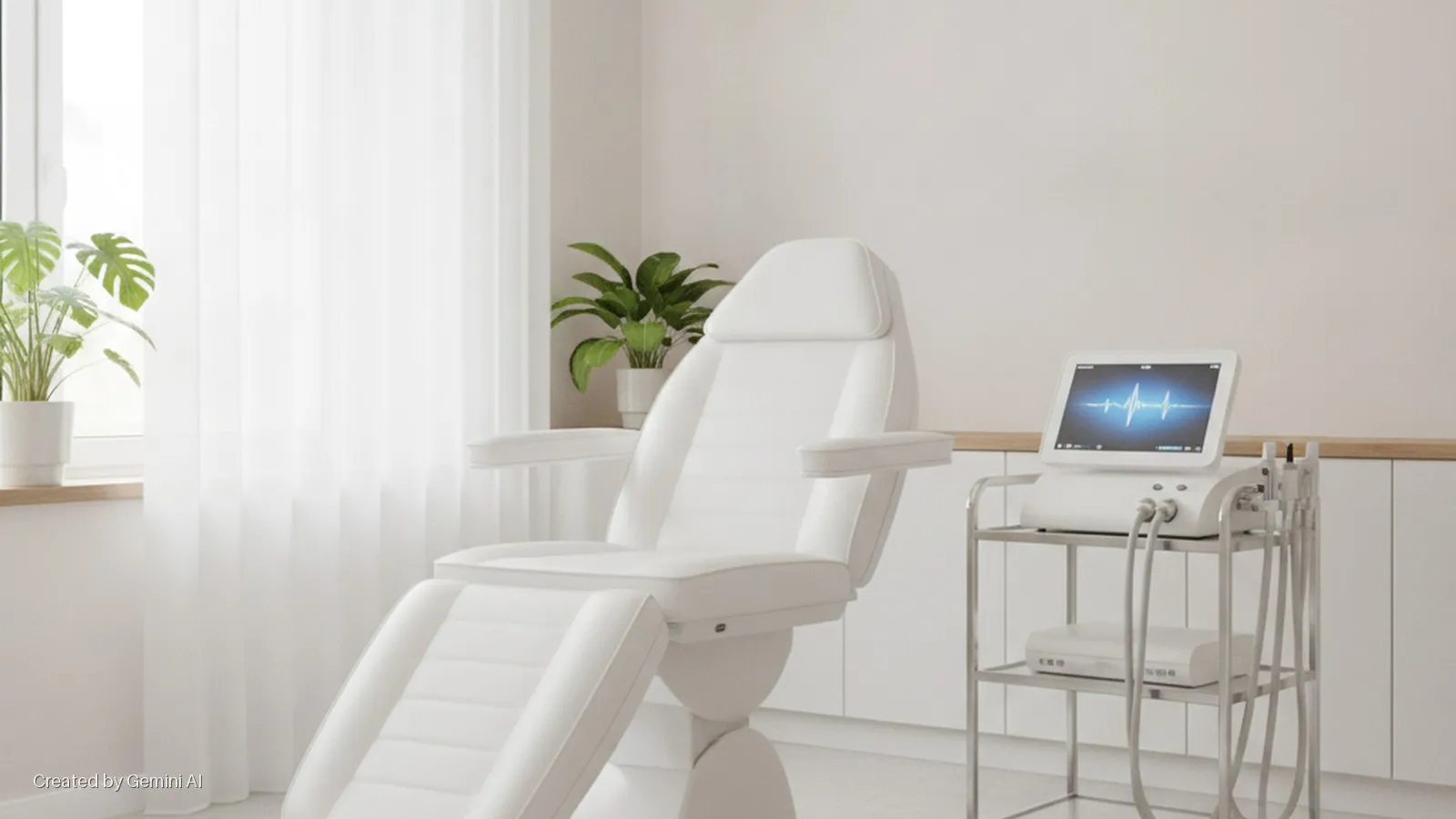 A bright, modern medical or aesthetic treatment room features a white adjustable chair, sheer white curtains on a window with a potted plant, and a medical device on a metal cart displaying a blue waveform on its screen.