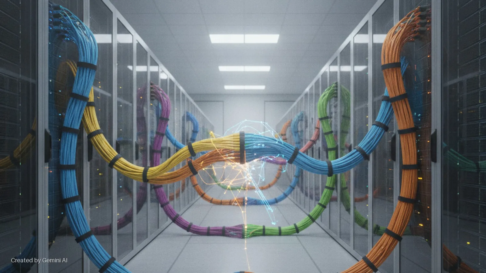 A brightly lit data center aisle is lined with server racks, where colorful bundles of network cables arc across the floor and connect, with glowing data streams converging and branching out from the center.