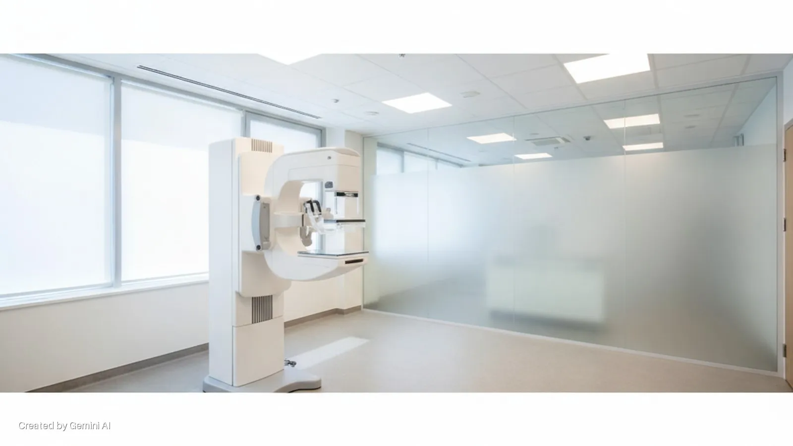A bright medical examination room features a modern mammography machine, large windows with white roller blinds, and a frosted glass partition wall with a door.
