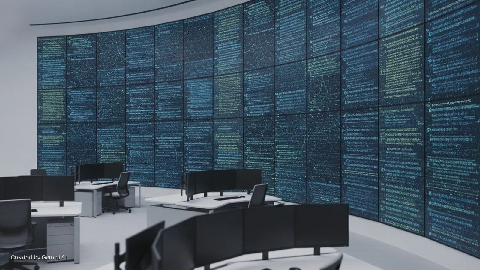 A brightly lit, modern control room features a curved video wall displaying lines of code and data patterns, with several office desks equipped with multiple computer monitors and chairs in the foreground.