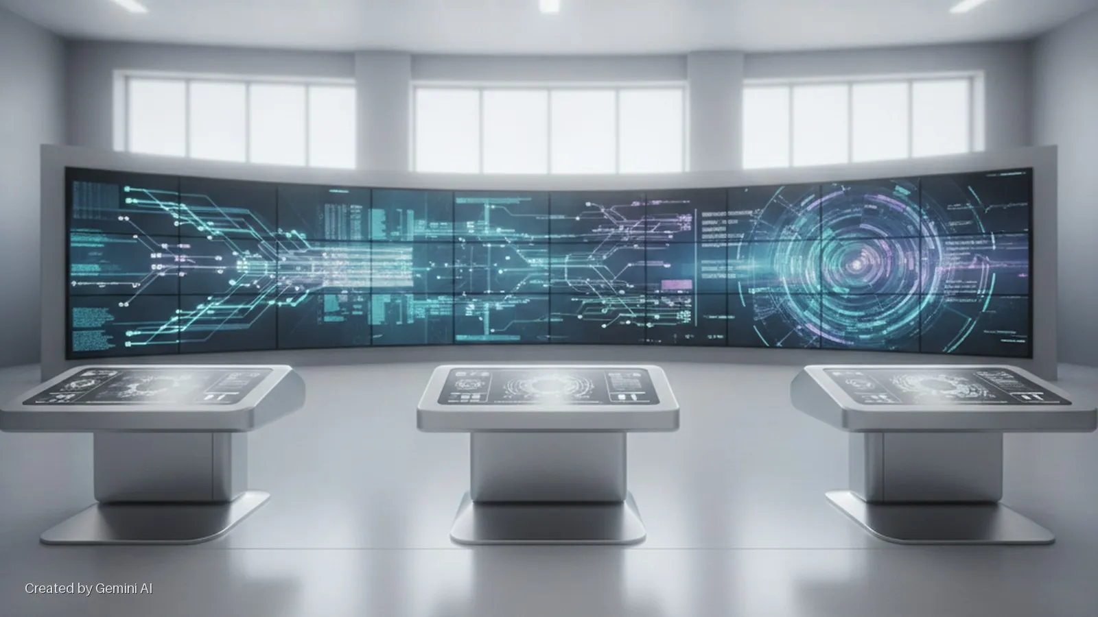 A brightly lit modern control room features a large, curved display wall showing blue and purple digital graphics and three interactive touchscreen consoles.