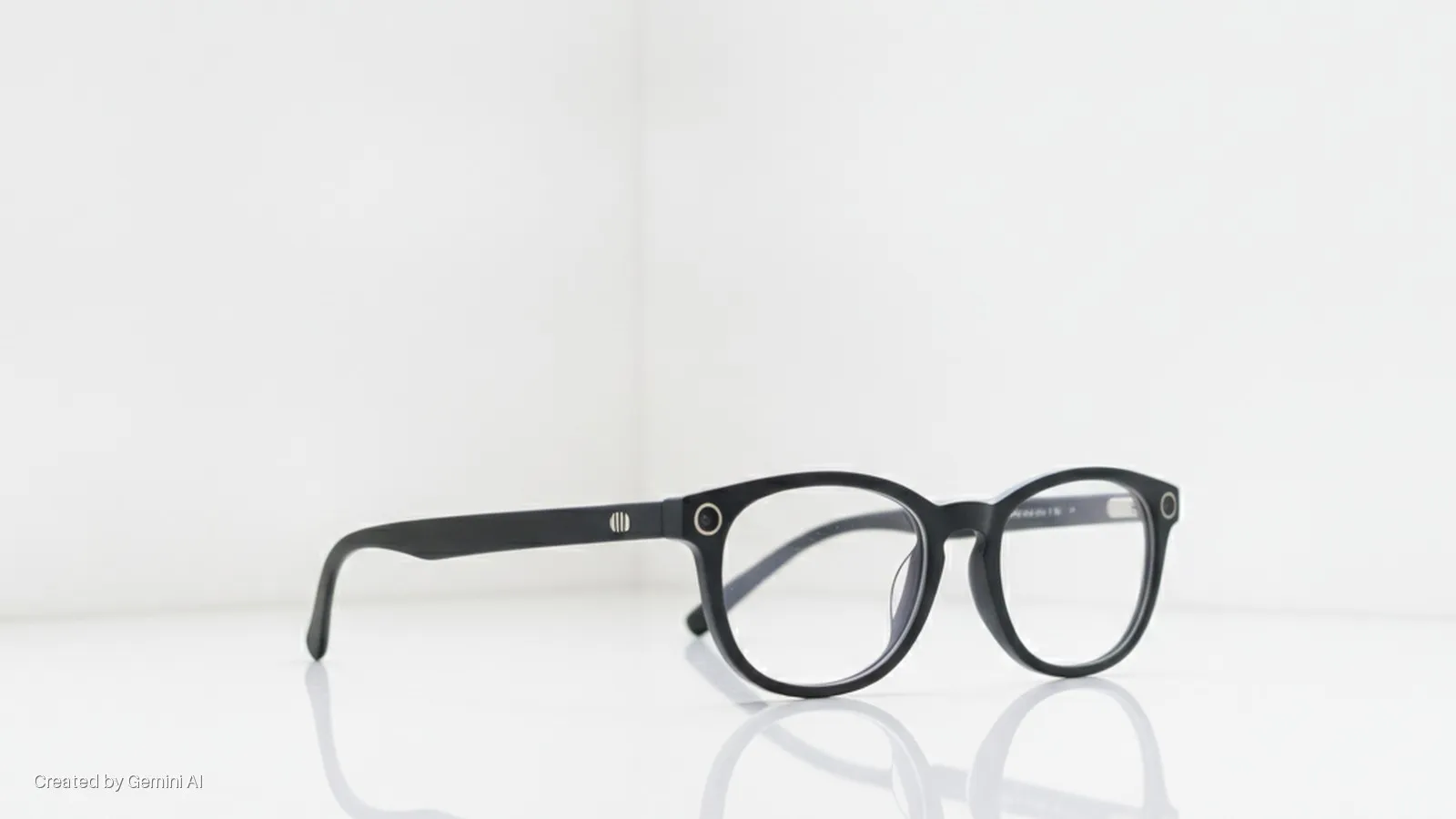 Black round-frame eyeglasses with clear lenses rest on a reflective white surface against a bright white background.