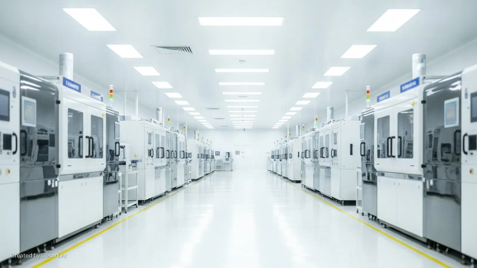 A brightly lit, sterile cleanroom features two long, parallel lines of automated manufacturing machines with screens and indicator lights on a reflective white floor.