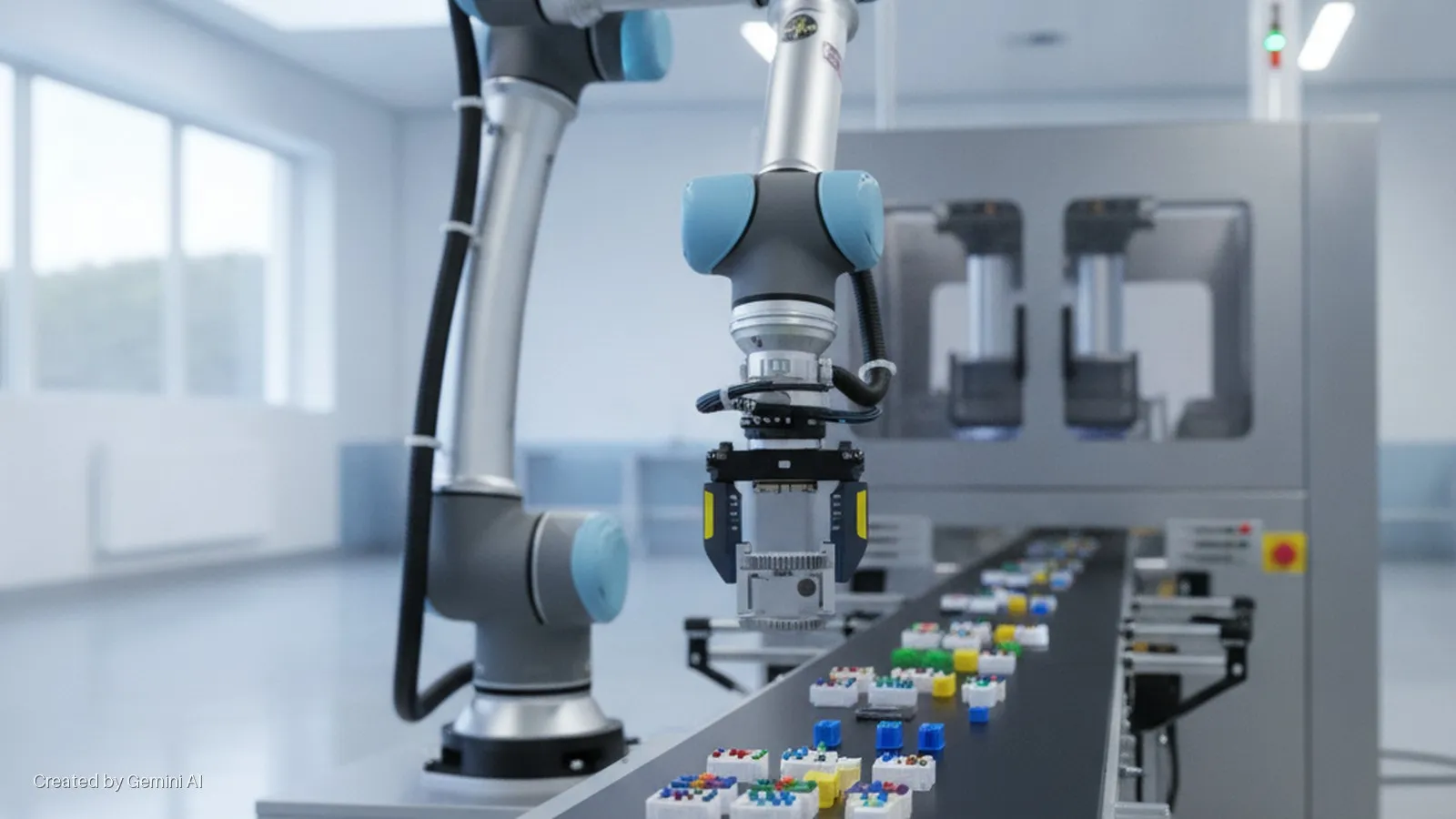A collaborative robotic arm with a gripper manipulates small colorful objects on a conveyor belt in a brightly lit industrial room with large windows and machinery.