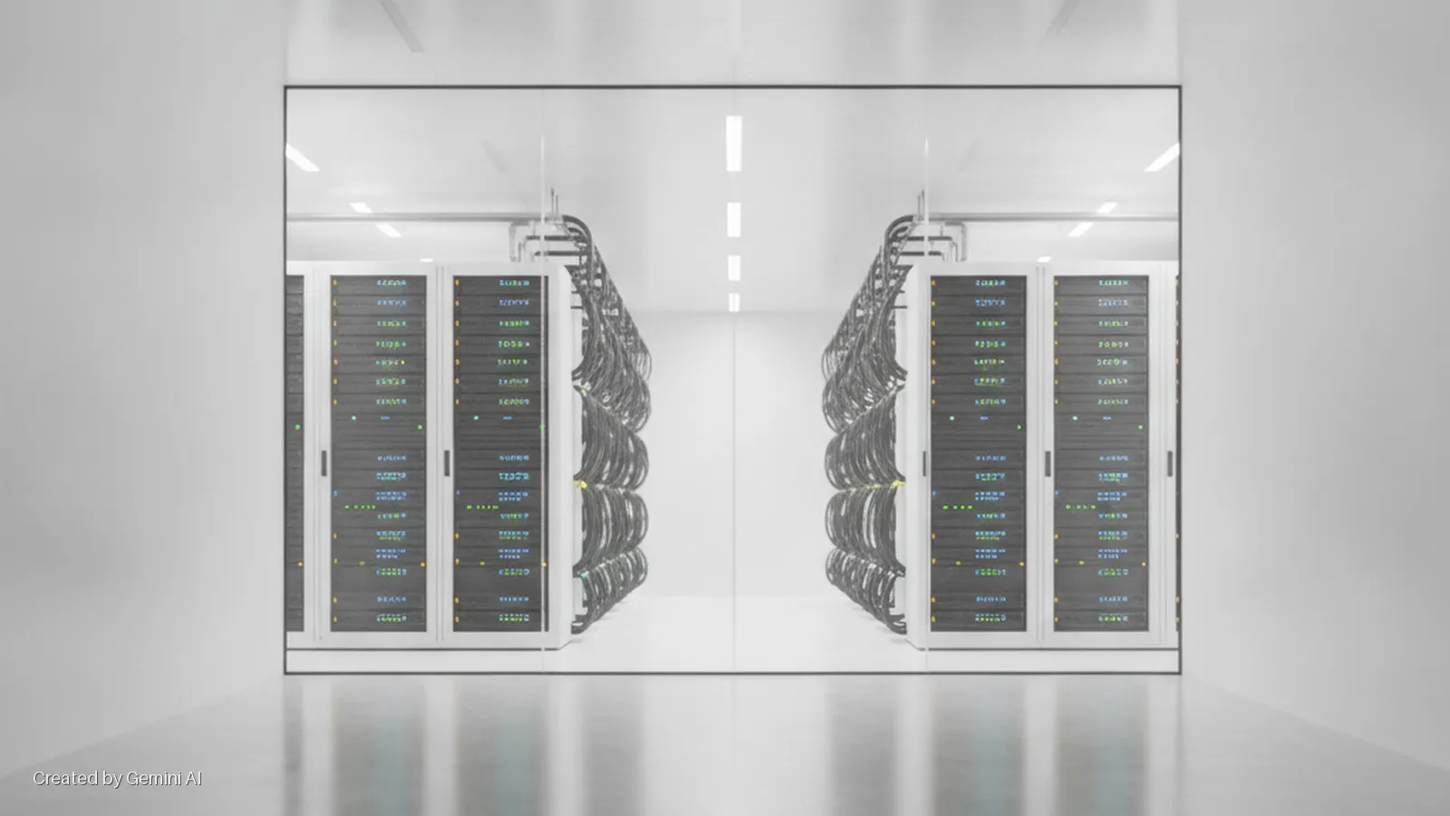 Symmetrical view of a modern data center with two rows of server racks, overhead cables, bright white lighting, and a reflective floor.