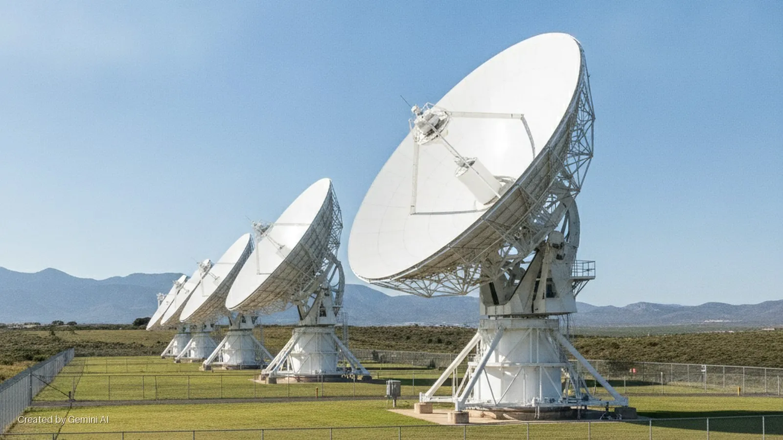 Five large white radio telescopes are aligned in a grassy field with distant mountains under a clear blue sky on a bright sunny day.
