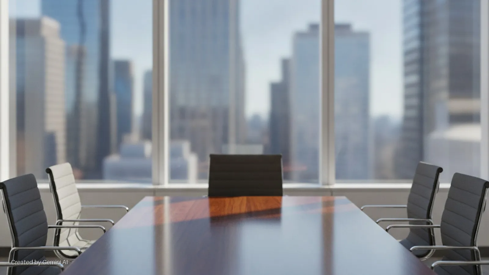 An empty modern conference room features a long, reflective wooden table and chairs, positioned in front of a window overlooking a blurred cityscape under natural daylight.