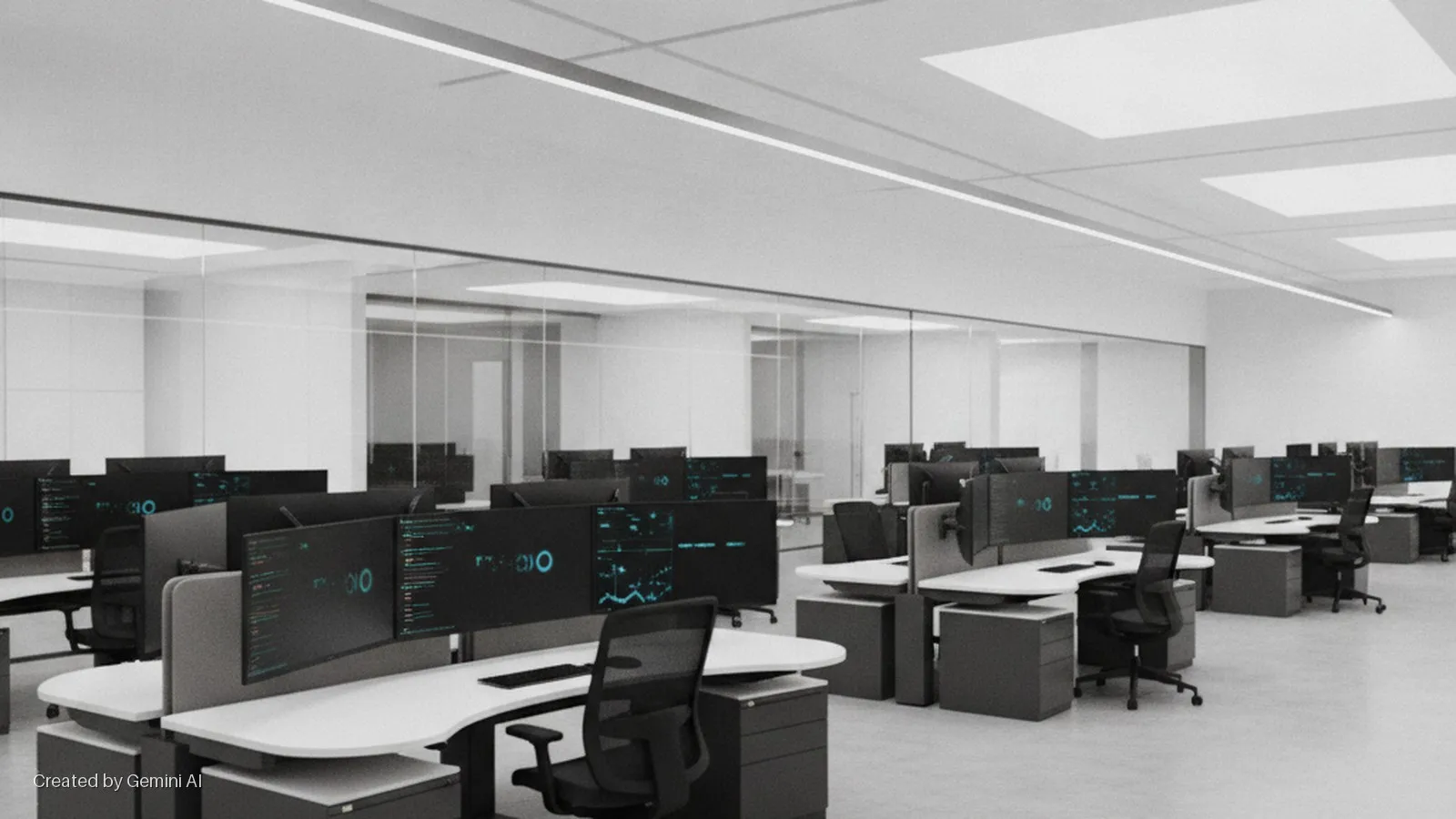 A bright, modern open-plan office features rows of workstations with multiple computer monitors displaying data, ergonomic chairs, and grey filing cabinets, separated by glass partitions and illuminated by overhead linear and recessed ceili