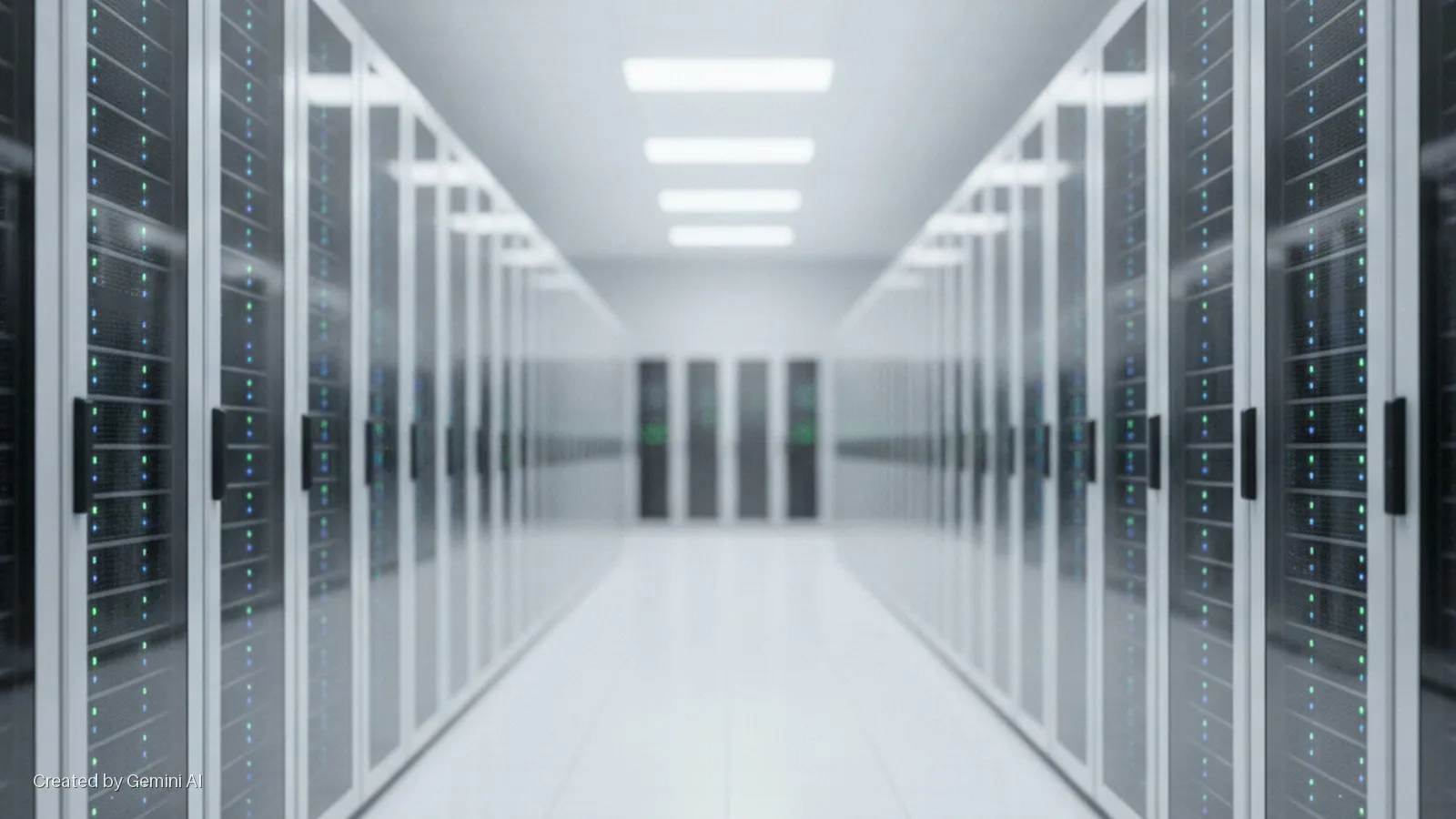 A brightly lit data center aisle features rows of server racks on either side, displaying numerous small blue and green indicator lights, extending into a soft-focus background with rectangular ceiling lights.