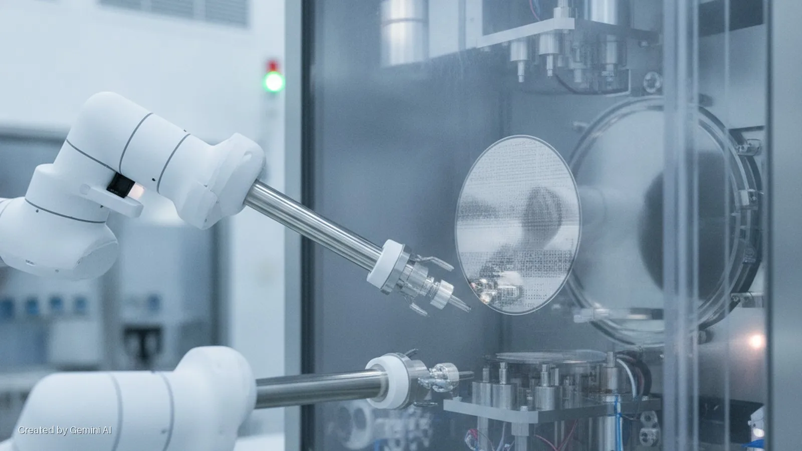 A white robotic arm manipulates a patterned silicon wafer inside a transparent industrial enclosure, with surrounding machinery bathed in bright, cool cleanroom lighting.