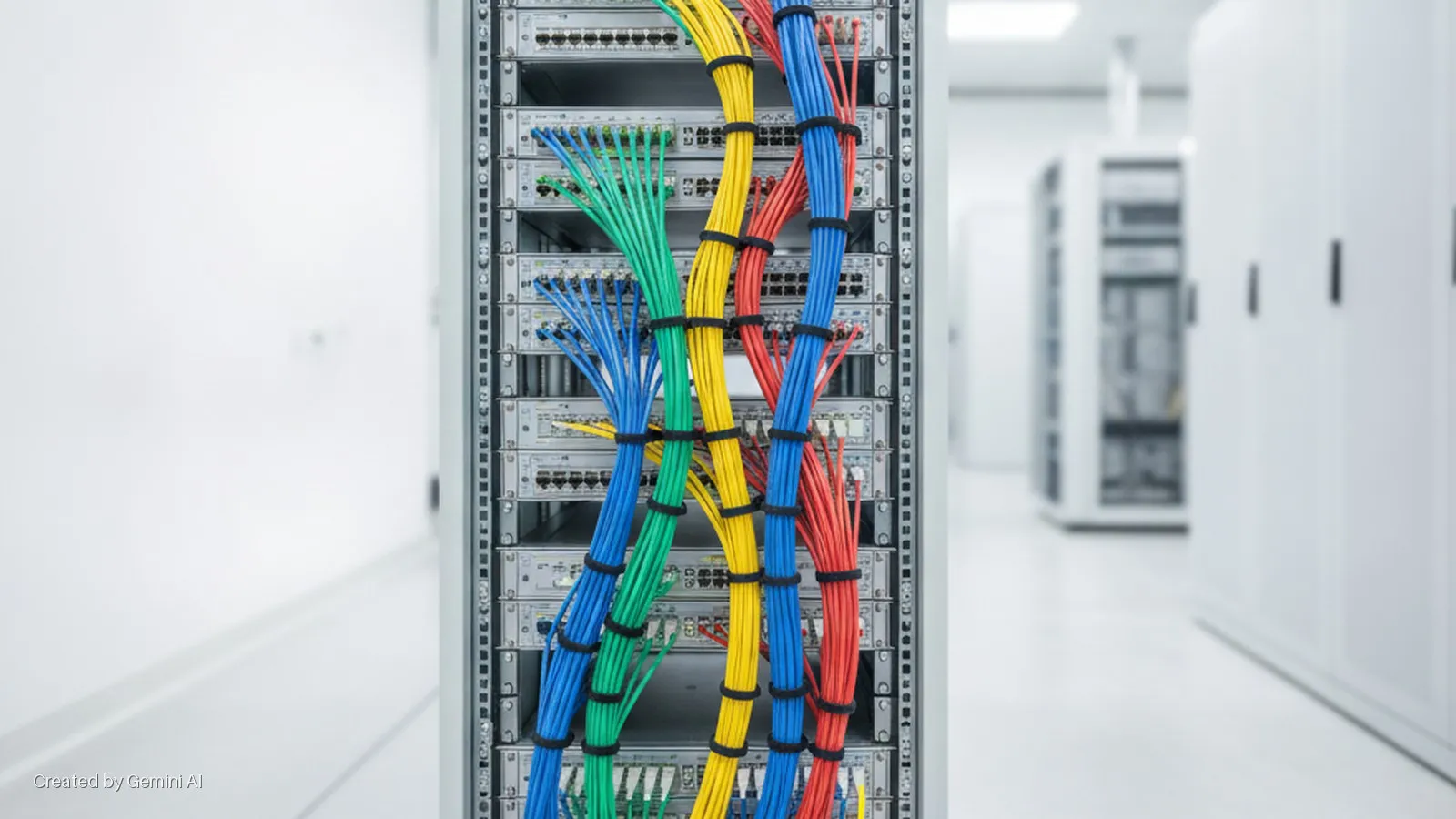 A server rack with neatly organized blue, green, yellow, and red network cables stands in a brightly lit data center with other white server cabinets in the background.