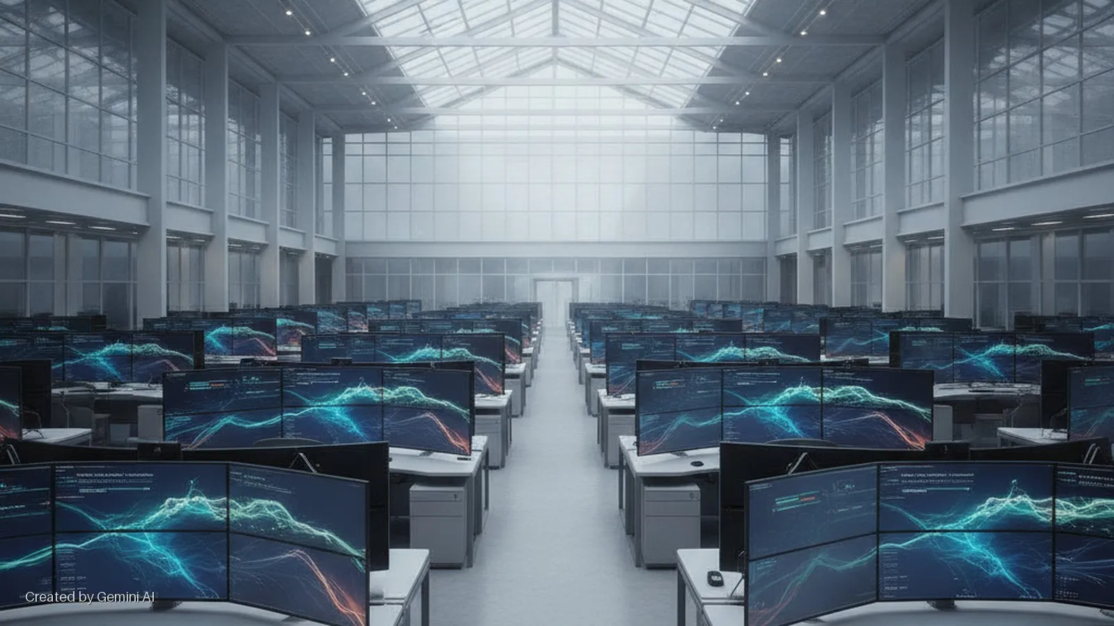 A vast, brightly lit, minimalist modern office with high ceilings and large windows, filled with numerous desks, each featuring multiple computer monitors displaying vibrant data visualizations.