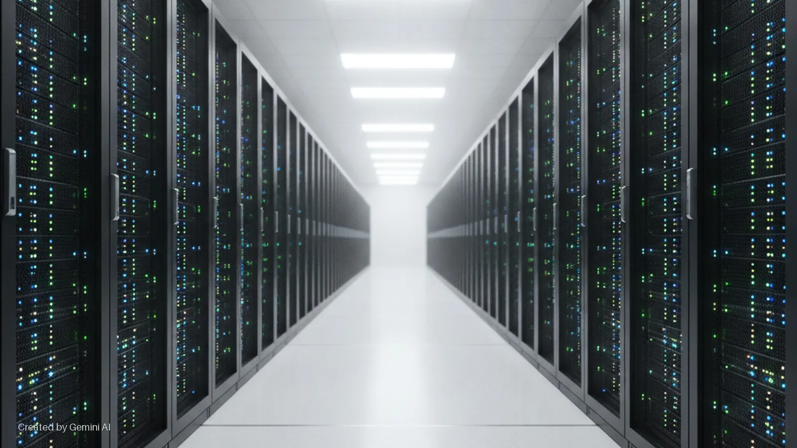 A brightly lit data center hallway extends into the distance, flanked by two long rows of black server racks with numerous blinking blue and green indicator lights.