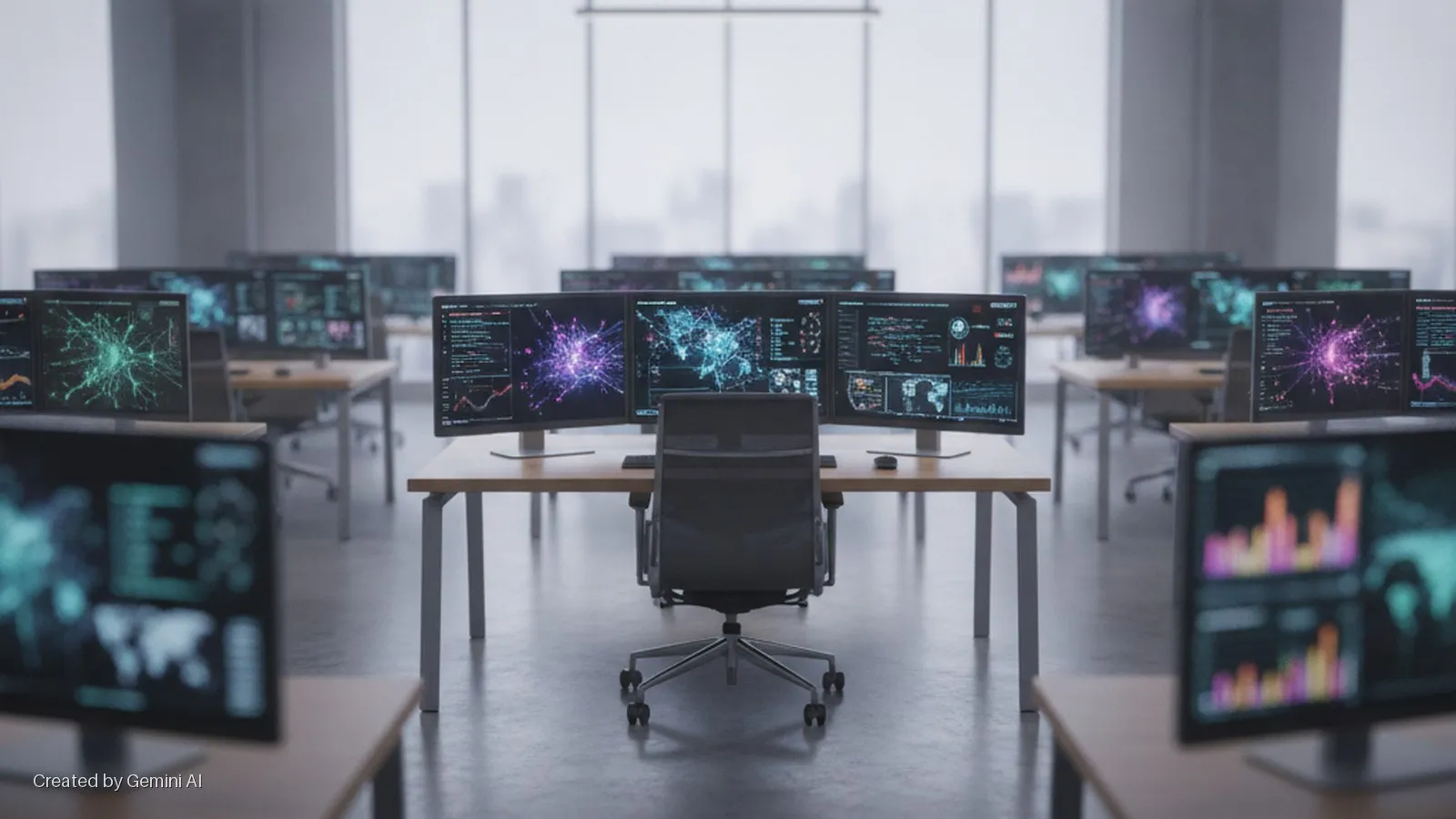 An empty, brightly lit control room features multiple rows of desks, each equipped with several computer monitors displaying colorful data visualizations and network maps, with natural light from large windows.