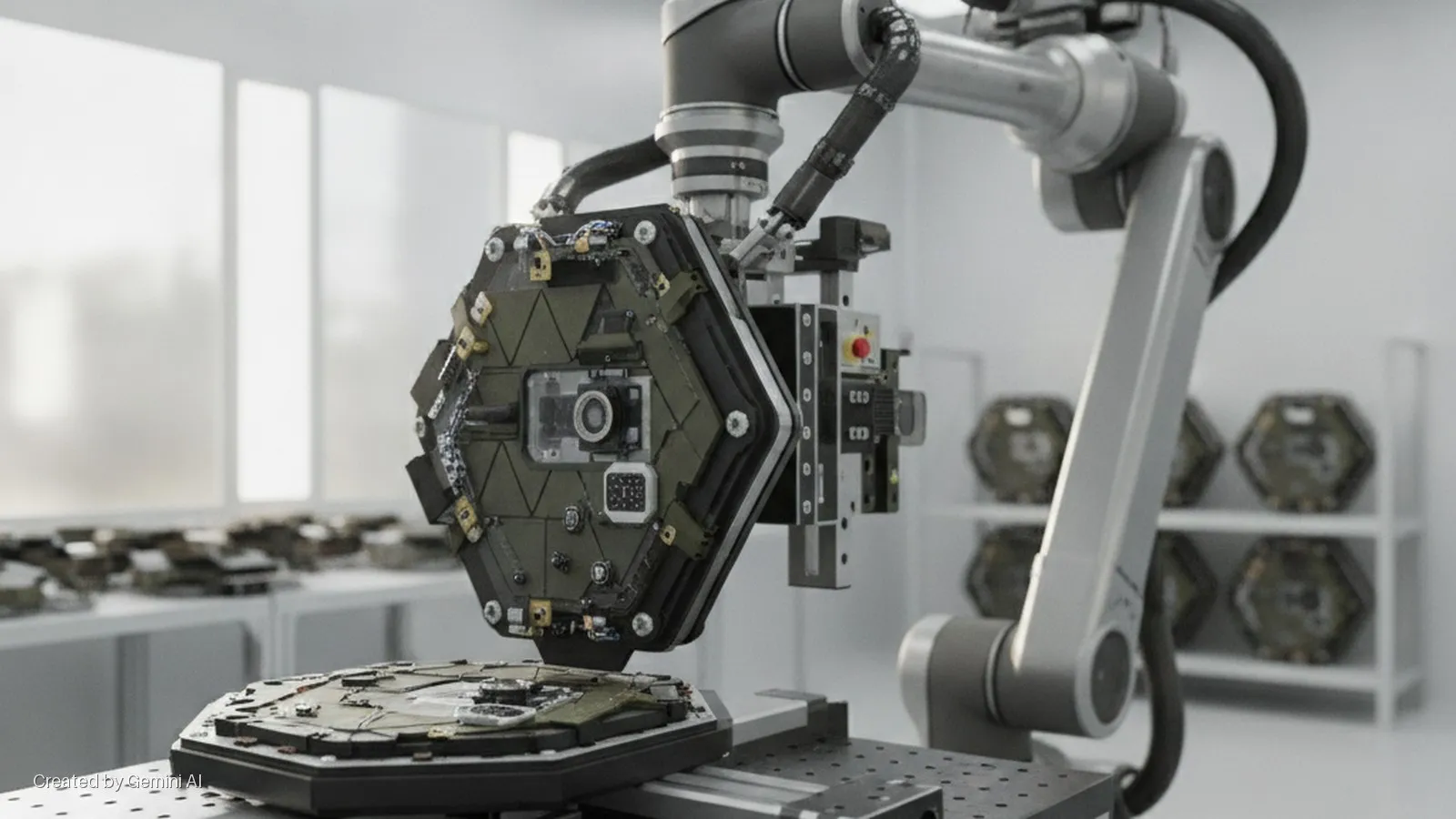 A robotic arm precisely positions a hexagonal electronic module with a camera and sensors over a base unit in a brightly lit laboratory setting, with more modules on shelves in the background.