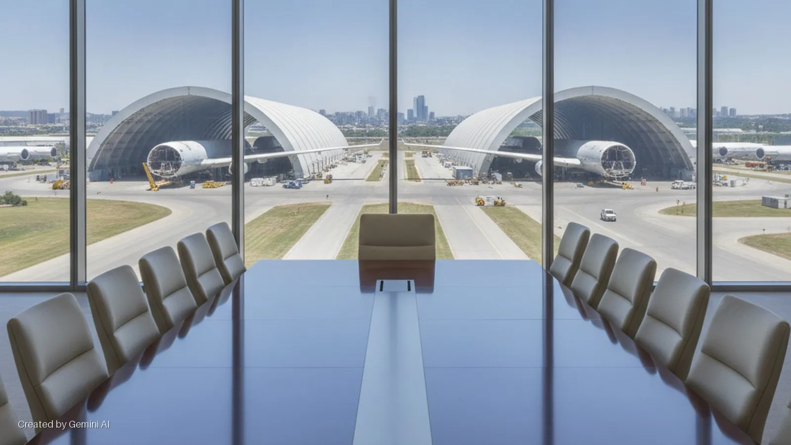 A sleek conference room with a long, dark table and light leather chairs offers a bright daylight view of an airport maintenance facility featuring two large aircraft undergoing maintenance in expansive arched hangars, with a distant city s