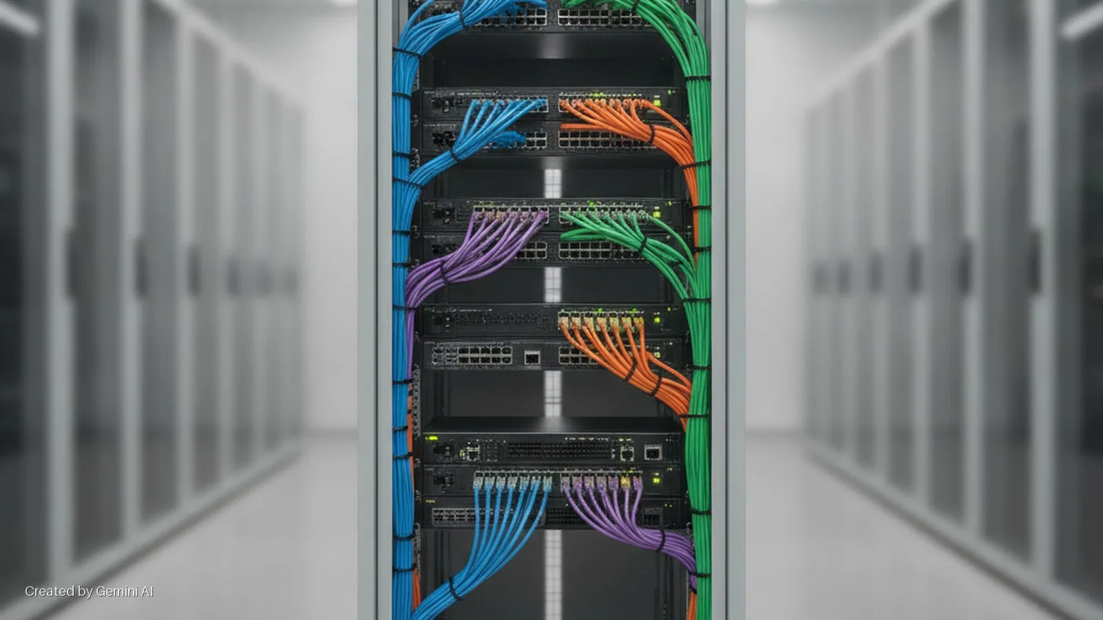 A brightly lit server room features a central server rack with neatly organized blue, purple, orange, and green ethernet cables connecting network switches, flanked by rows of blurred server cabinets.