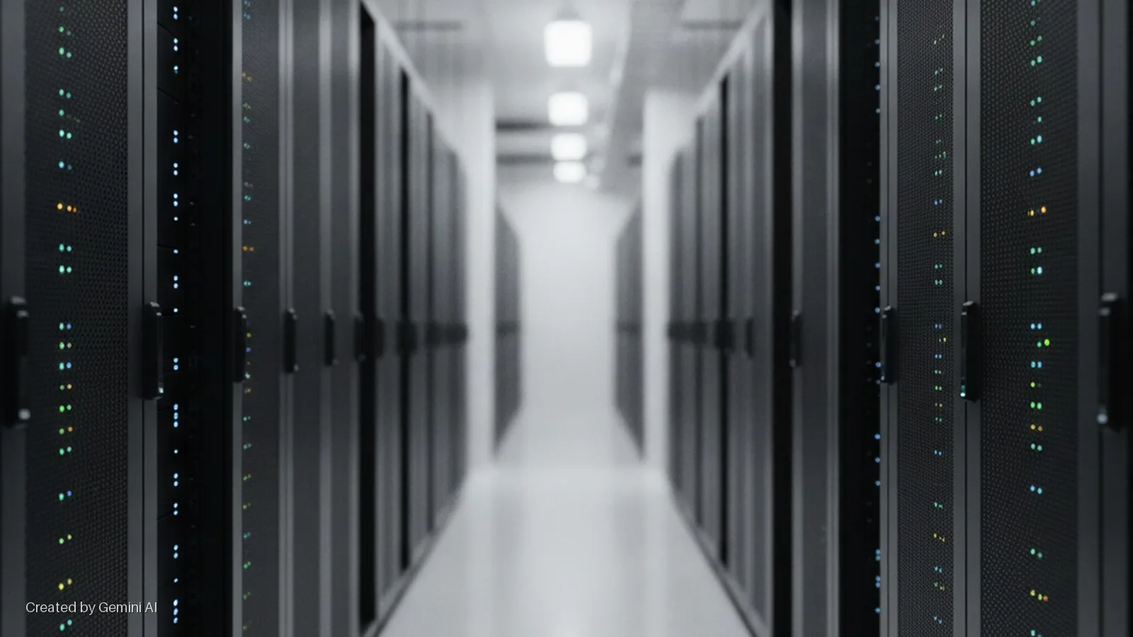 A brightly lit data center hallway shows rows of black server racks covered in numerous small, glowing multi-colored indicator lights, extending into the blurry distance under overhead fluorescent lights.