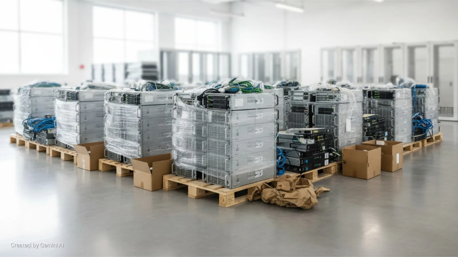 Stacks of plastic-wrapped servers on wooden pallets, accompanied by loose cables, cardboard boxes, and crumpled paper, are arranged on a light gray floor in a brightly lit data center with server cabinets in the background.