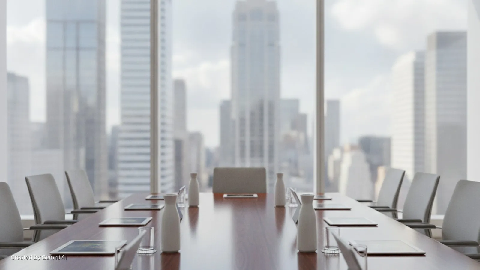 A modern conference room features a long wooden table surrounded by chairs and set with white carafes, glasses, and tablets, overlooking a bright city skyline through large windows.