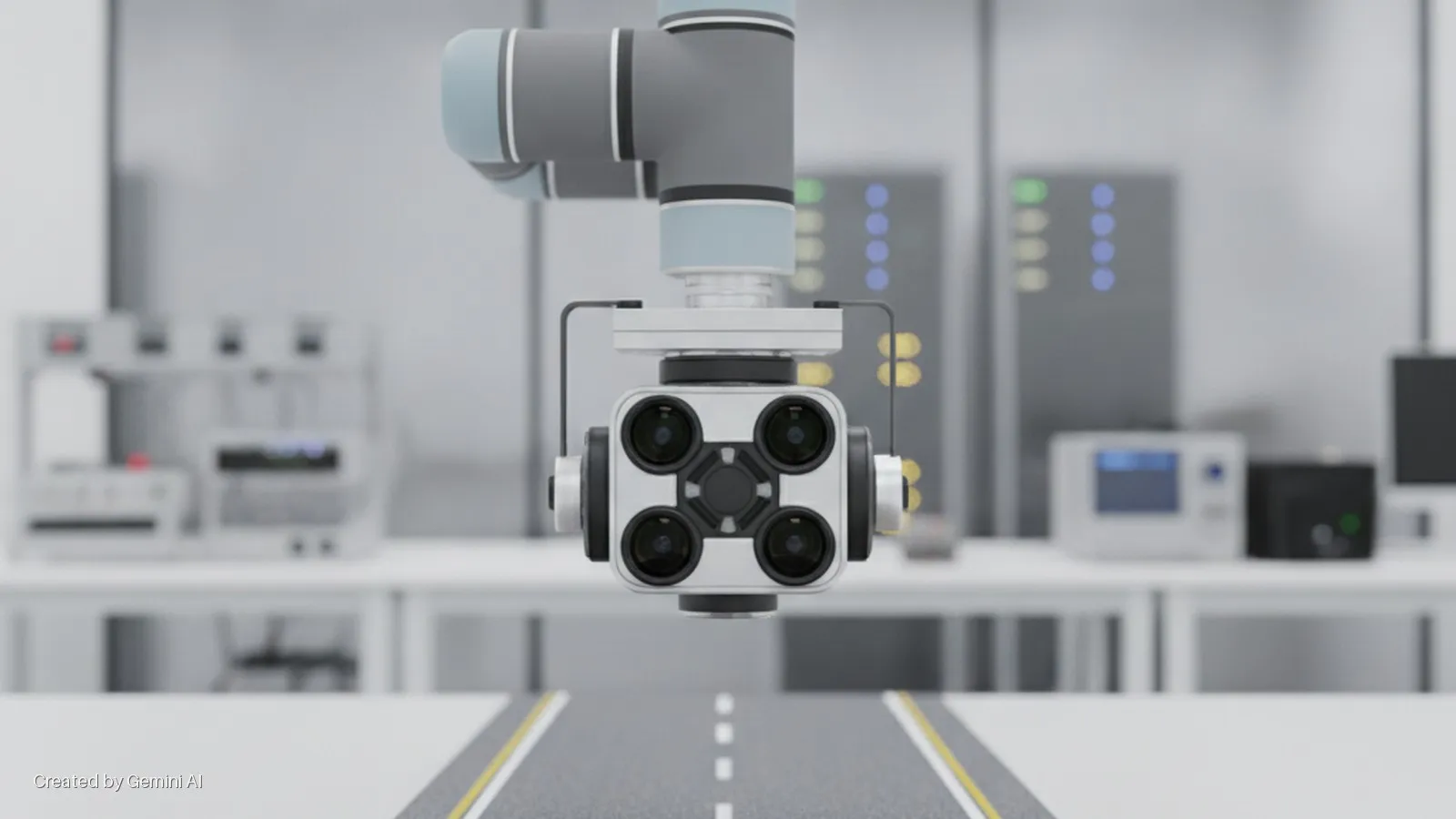 A robotic arm segment with a quad-camera array hangs centered over a miniature asphalt road, in a brightly lit modern lab setting with blurred lab equipment and server racks in the background.