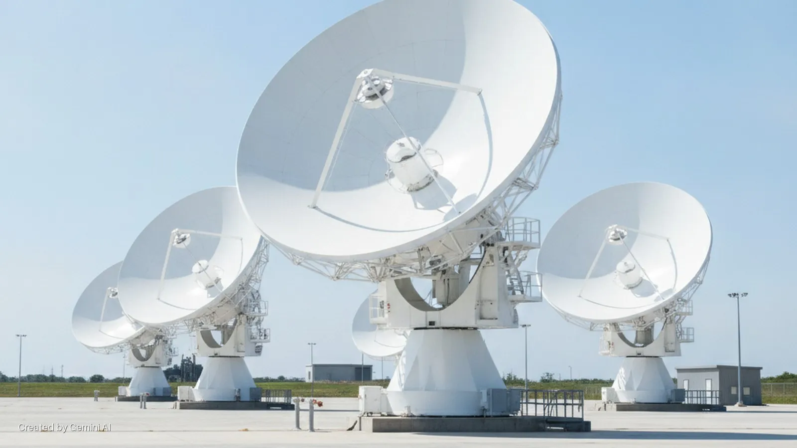 Several large white satellite dishes stand on a paved outdoor area under a clear blue sky, with green foliage in the distance.