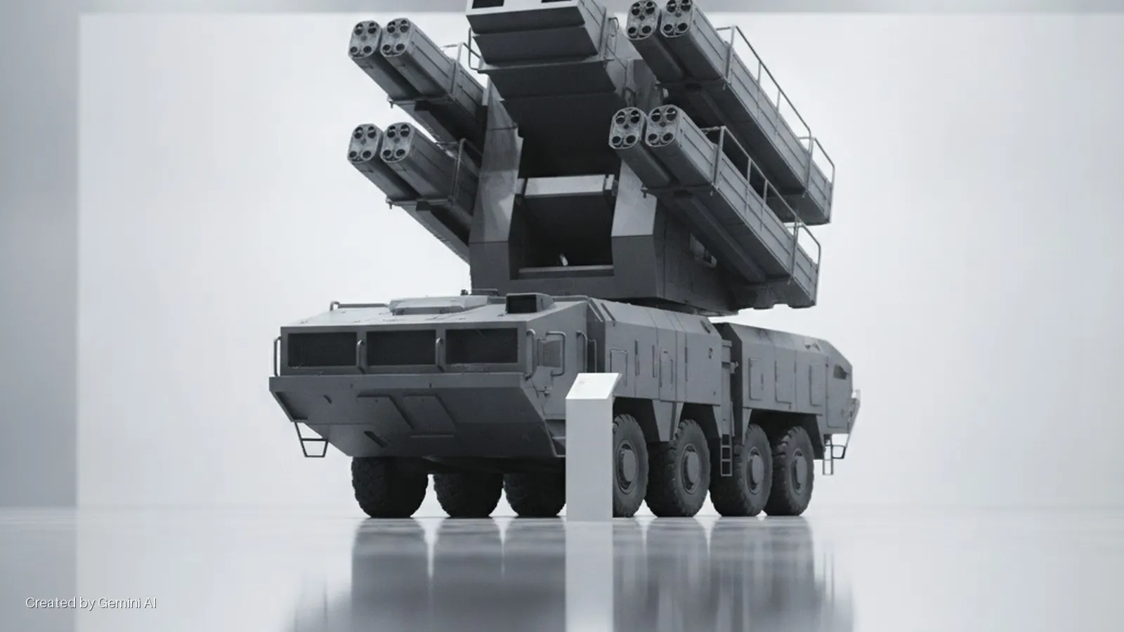 A grey, multi-wheeled military air defense missile system with multiple missile launch tubes is displayed in a brightly lit studio with a reflective floor and light gray walls.