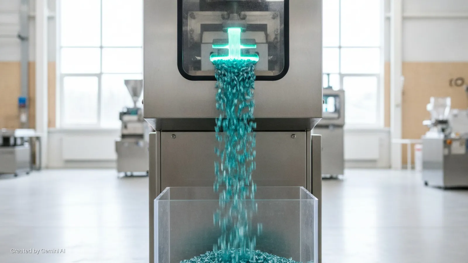 A stainless steel industrial machine dispenses a glowing stream of small, turquoise pellets into a clear plastic bin in a brightly lit laboratory setting.