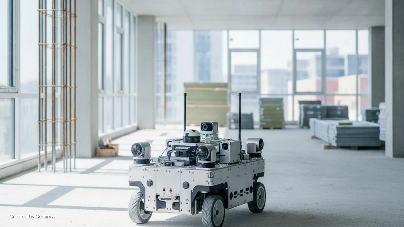 A grey, four-wheeled robot equipped with multiple cameras and antennas stands on a brightly lit concrete floor in an unfinished room with large windows, rebar structures, and stacked construction materials.