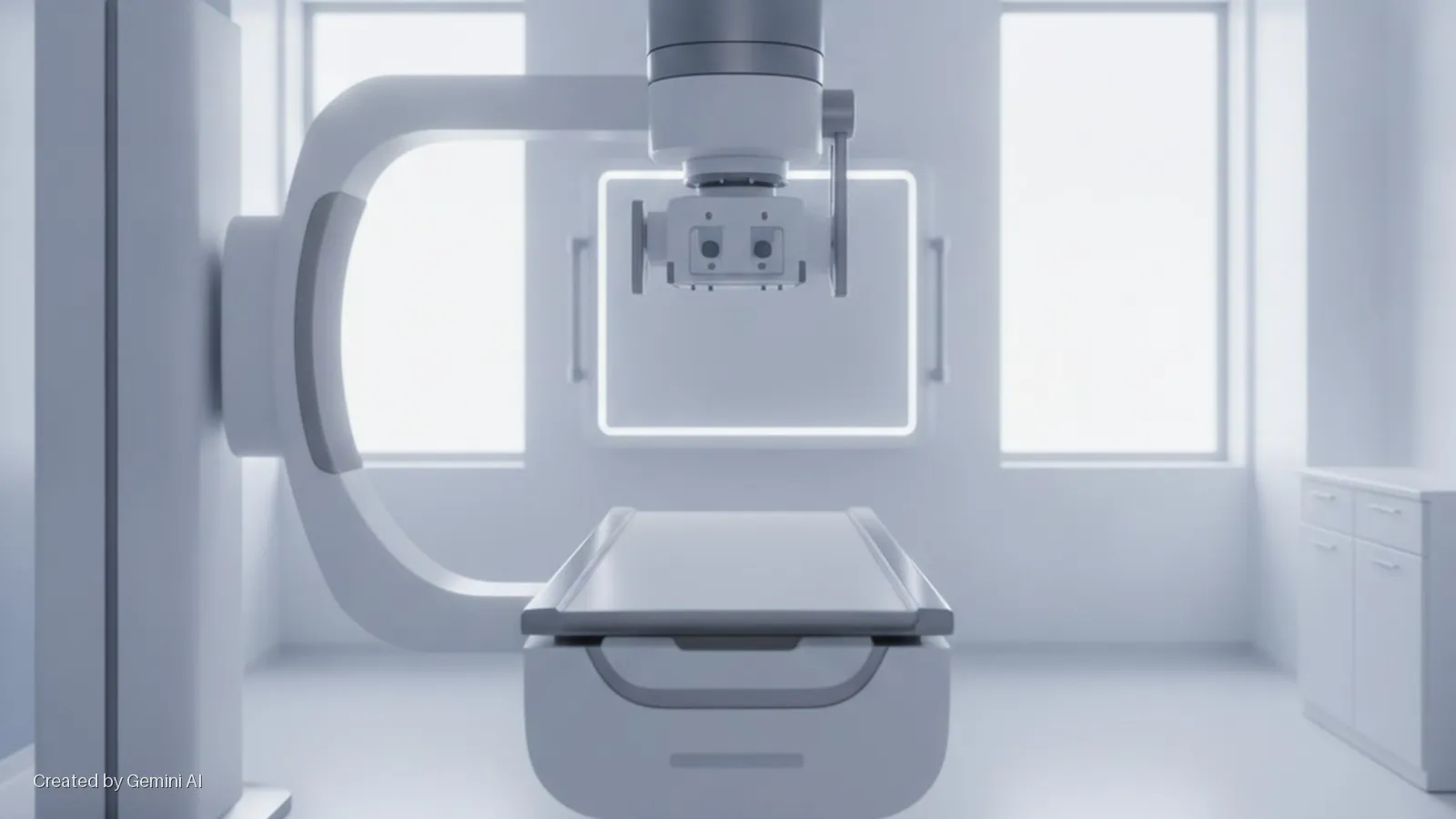 A brightly lit, sterile medical room contains a white medical imaging machine with a patient table, a glowing screen, windows, and a cabinet.