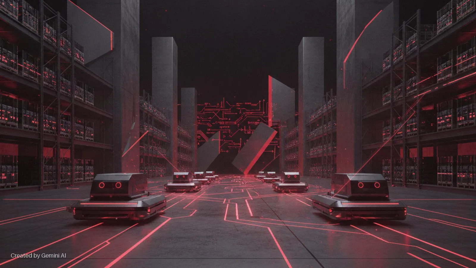 A dimly lit, futuristic automated warehouse features multiple black autonomous robots navigating on a floor with glowing red circuit patterns, flanked by tall shelves filled with red-lit inventory, under a prominent red circuit board design