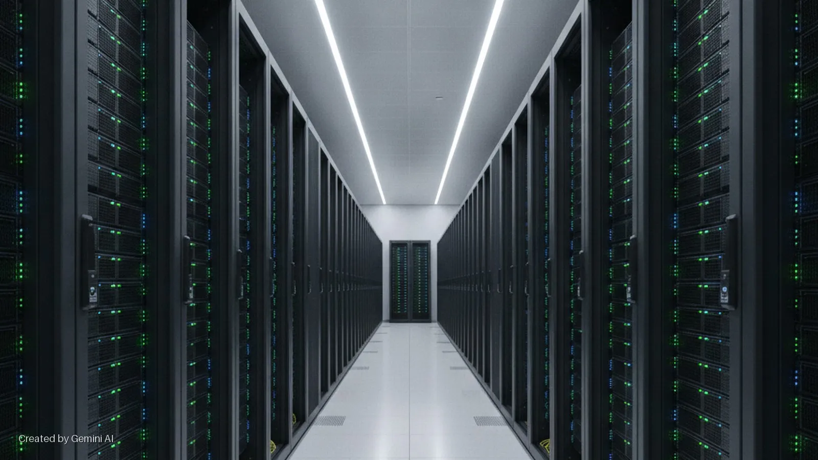 A long data center aisle is lined with dark server racks with blinking green and blue indicator lights, brightly illuminated by overhead strip lights.