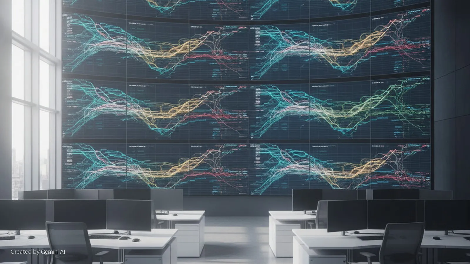 A modern office features a large video wall displaying colorful data visualizations above rows of white desks with black computer monitors and chairs, brightly lit by windows on the left.