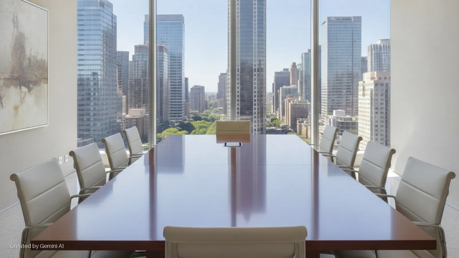A brightly lit modern conference room with a long, reflective wooden table surrounded by cream chairs, an abstract painting on the wall, and a panoramic view of city skyscrapers and trees through large windows.