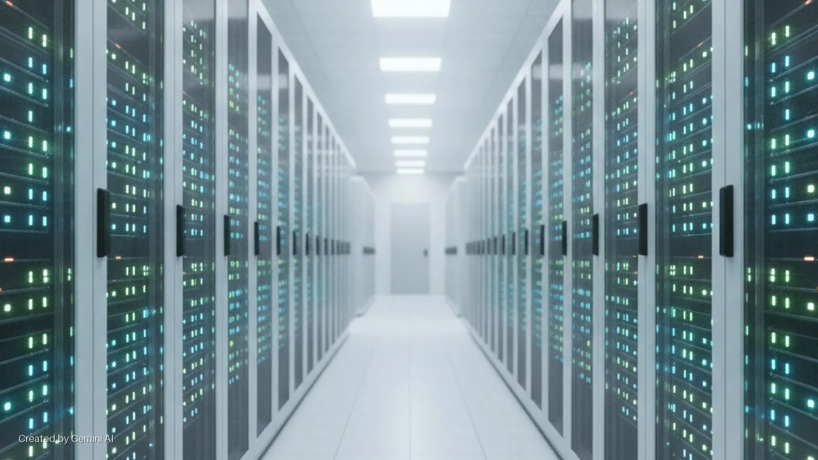 A long, brightly lit hallway in a data center is lined on both sides with rows of server racks displaying glowing blue and green indicator lights, leading to a closed door at the far end.