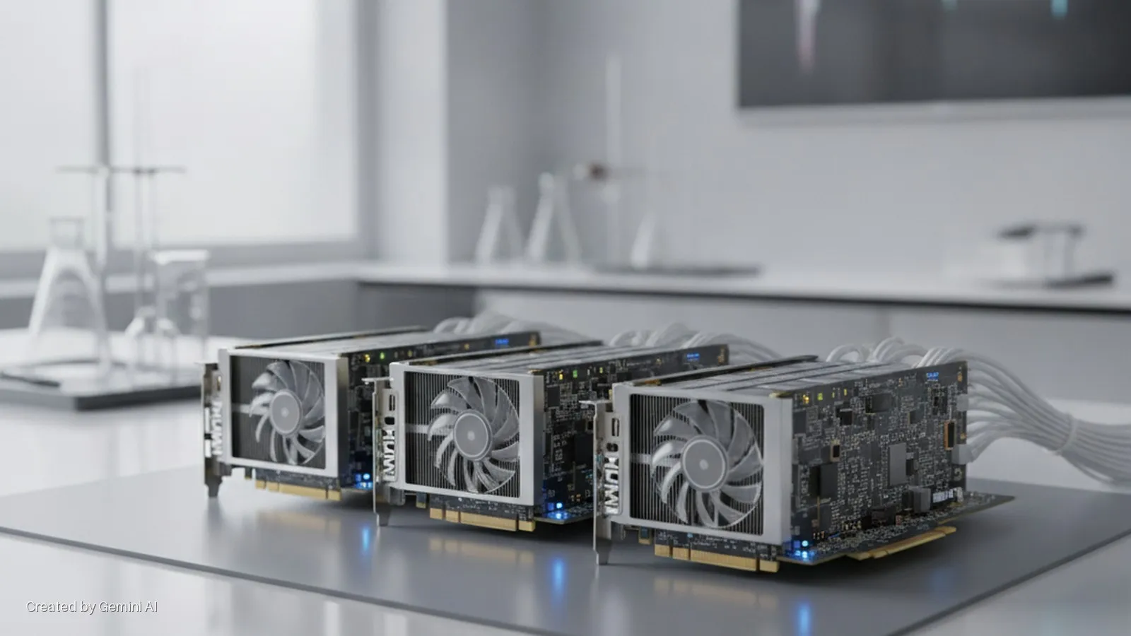 Three graphics cards with cooling fans and connected white cables sit on a table in a brightly lit laboratory, featuring glowing blue LED indicators and blurred glassware in the background.