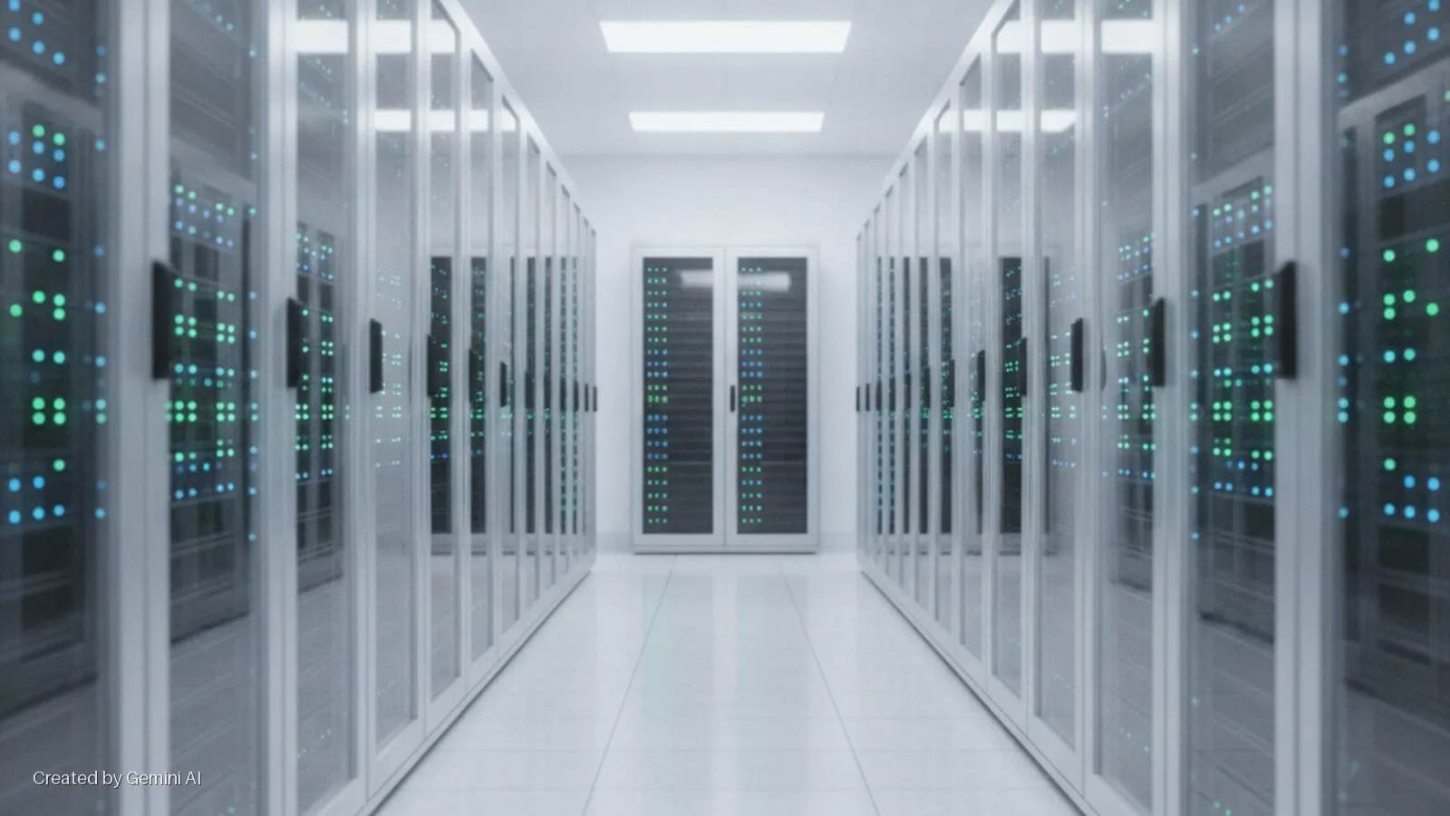 A brightly lit data center hallway features two symmetrical rows of glass-front server cabinets displaying glowing green and blue indicator lights, extending towards a far wall with a pair of similar cabinets.