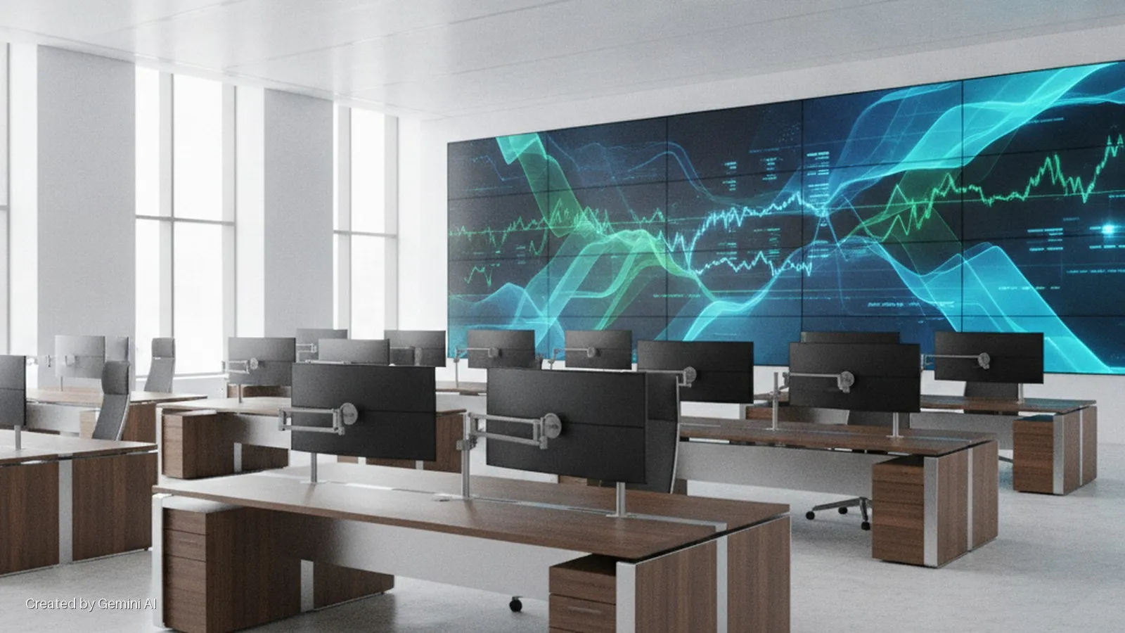 Modern open-plan office featuring rows of empty wooden desks with black computer monitors, facing a large multi-screen video wall displaying blue and green abstract data, illuminated by bright light from tall windows.