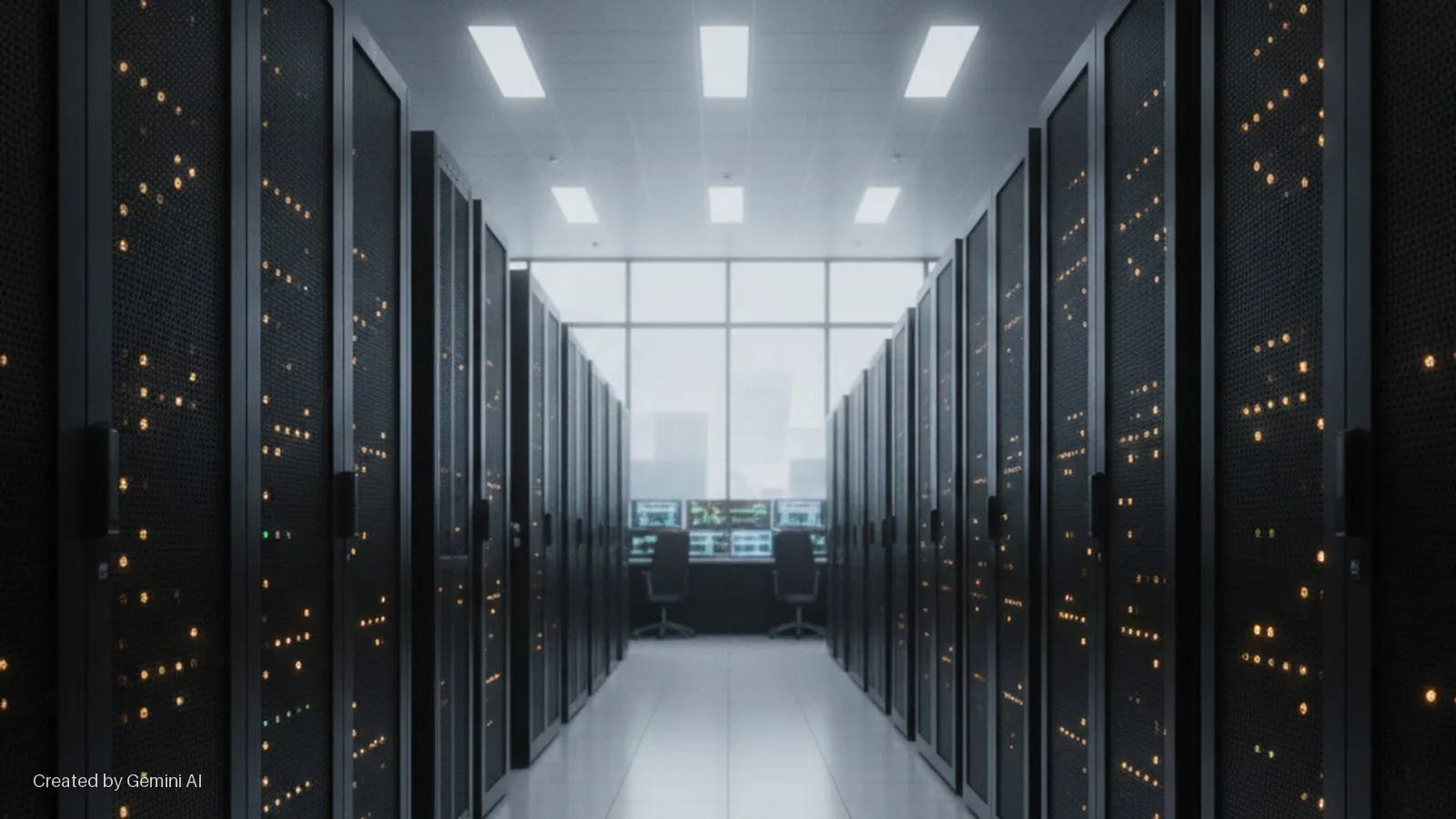 A long data center aisle is flanked by dark server racks displaying numerous glowing orange and green lights, leading to a bright windowed control area with desks, chairs, and monitors, under bright overhead ceiling lights.