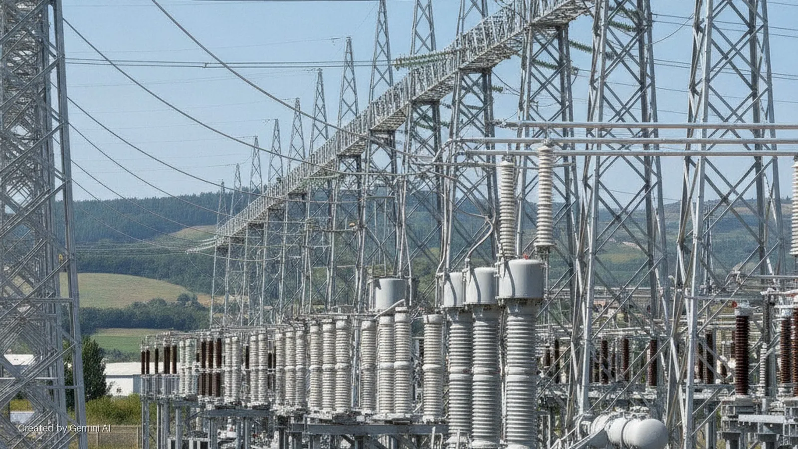 An outdoor electrical substation features multiple tall metal power pylons and rows of large ribbed insulators, with forested hills in the background under a bright, clear blue sky.