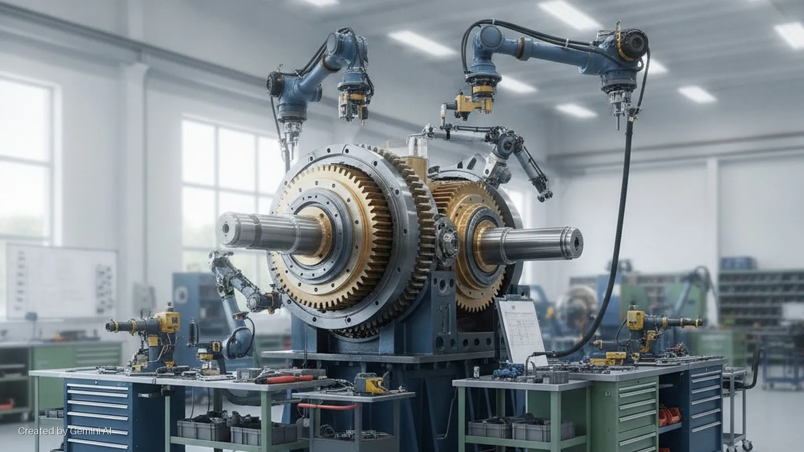 A large industrial gearbox with protruding shafts is surrounded by multiple robotic arms in a brightly lit factory workshop, with tools and equipment on workbenches.