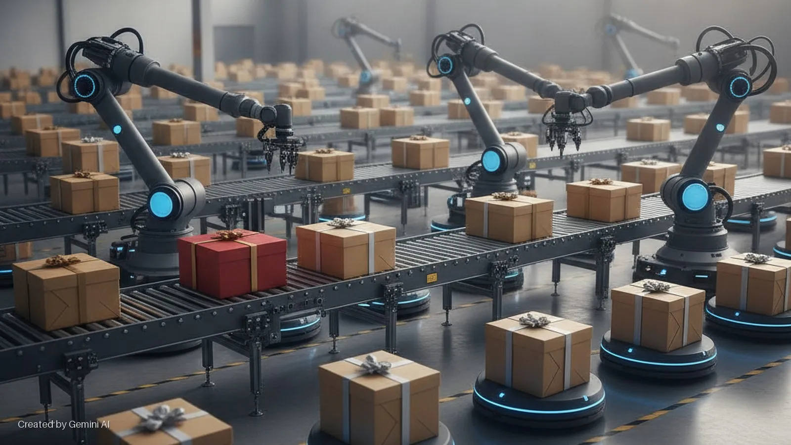 Industrial robotic arms with blue lights transfer numerous brown and red gift boxes on conveyor belts and circular mobile platforms in a brightly lit automated warehouse.