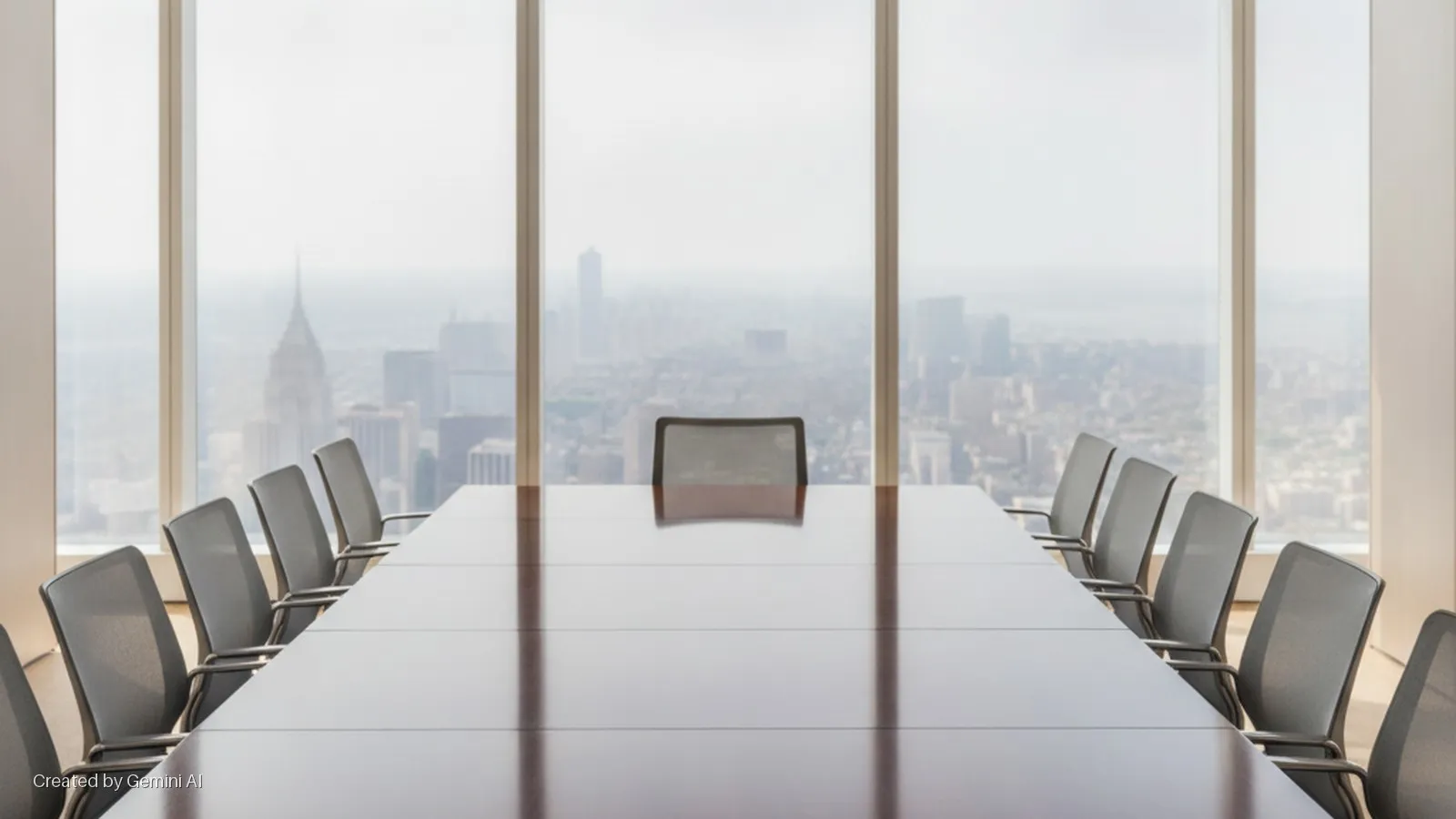 A well-lit boardroom features a long, reflective wooden conference table surrounded by grey mesh chairs, with expansive windows offering a hazy cityscape view.