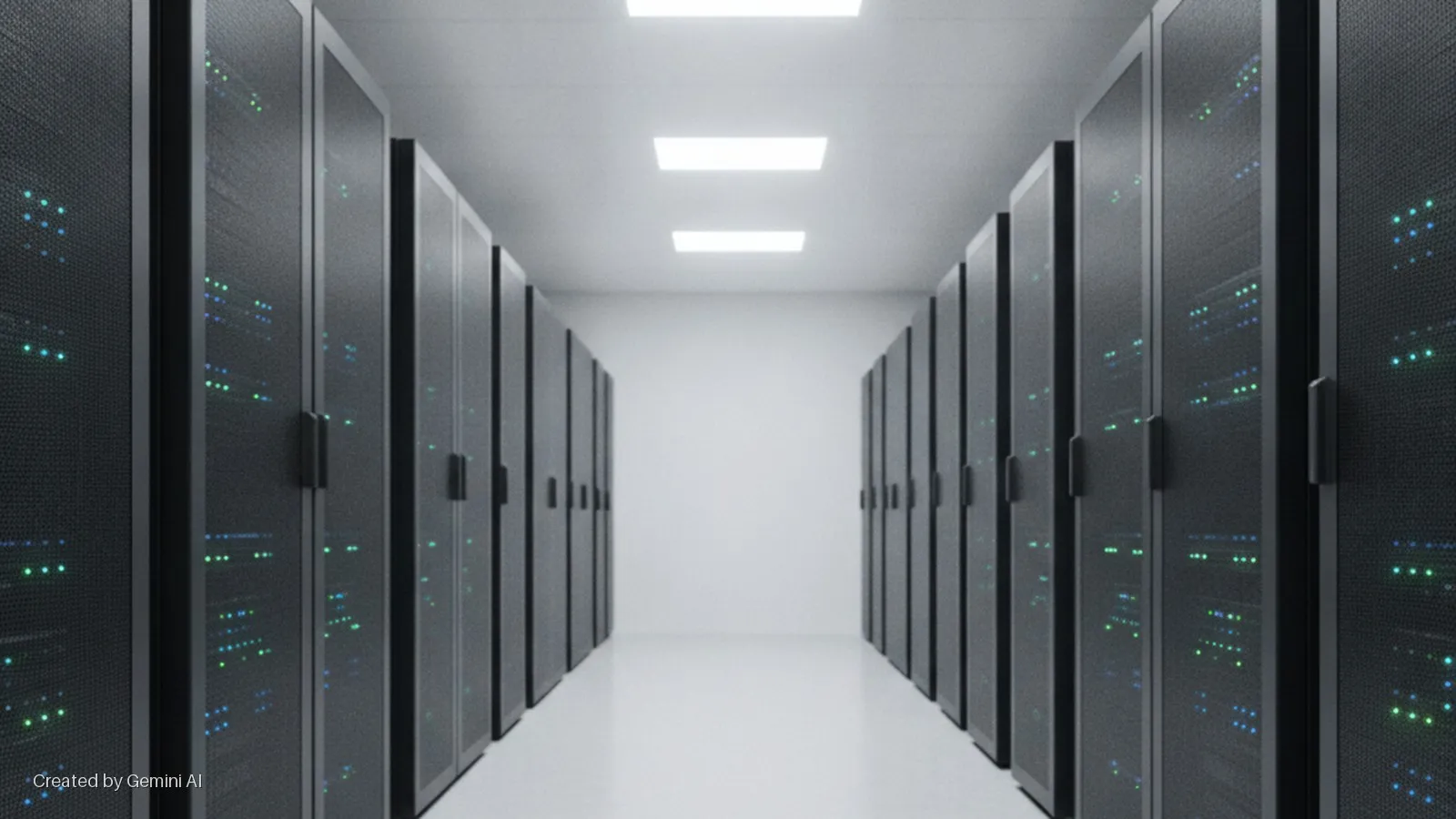 A long data center aisle is lined with black server racks displaying blinking green and blue indicator lights, illuminated by bright overhead rectangular lights.