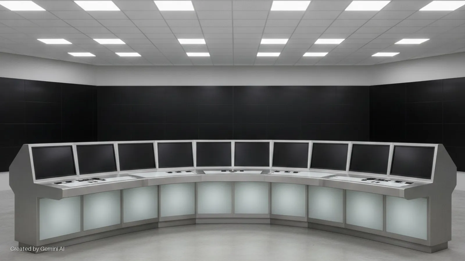 A modern control room features a curved workstation with eleven blank monitors, a dark paneled wall, and a grid ceiling with bright square lights.