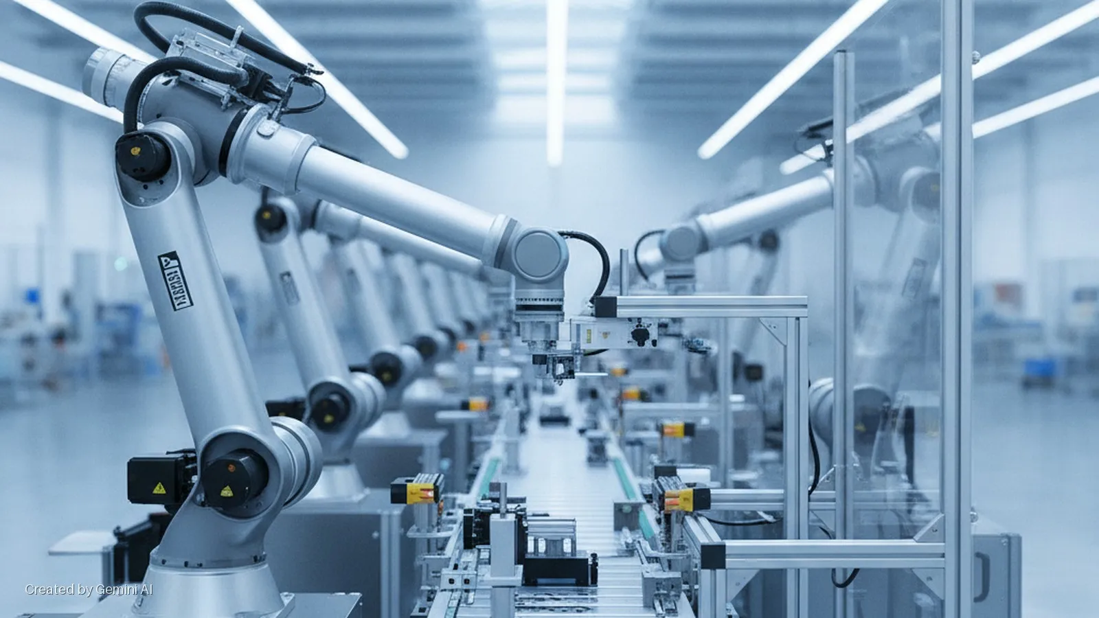 A series of grey robotic arms operate over a conveyor belt production line in a brightly lit, modern factory facility.