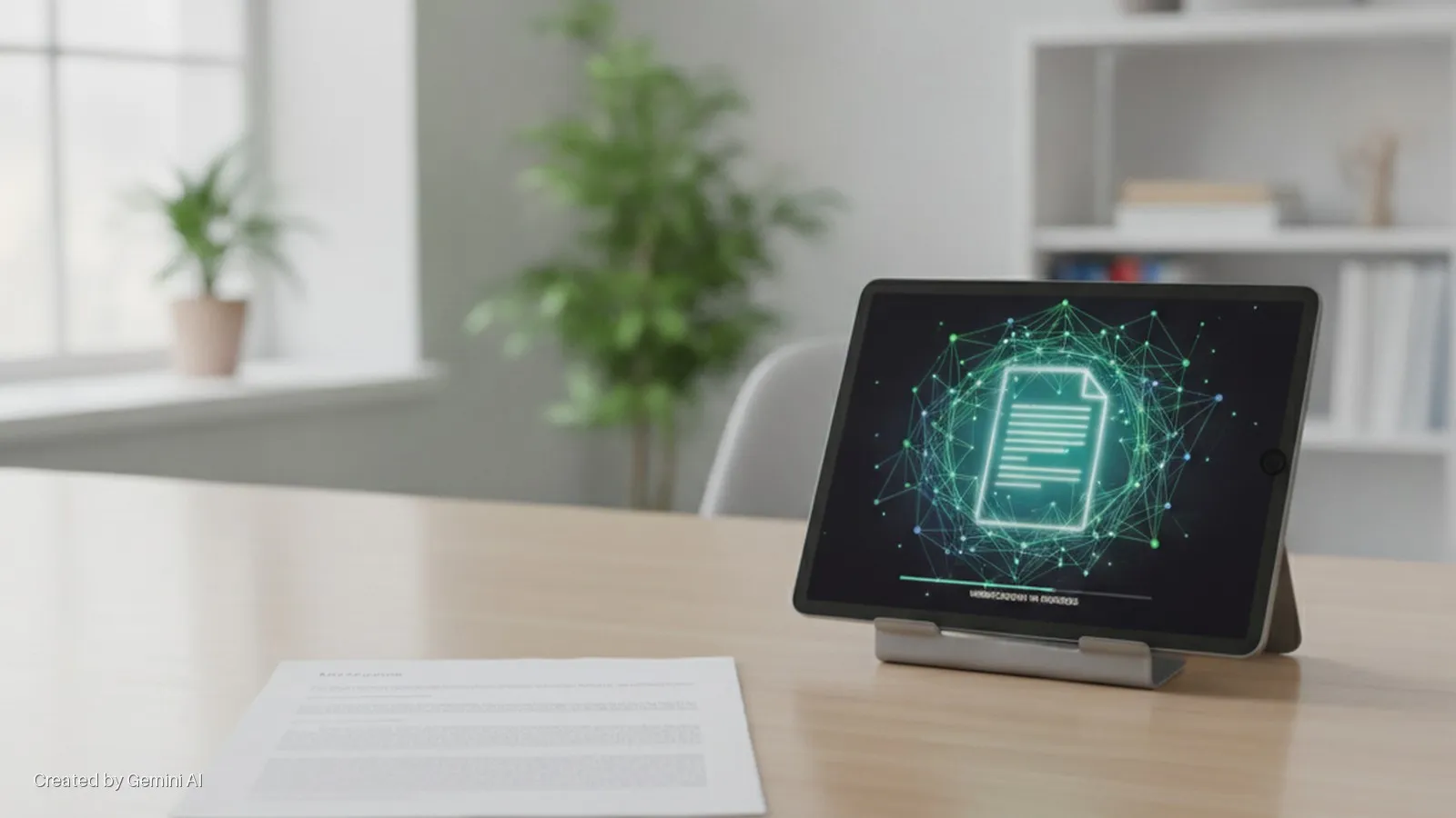 A paper document rests on a light wooden desk next to a tablet displaying a glowing digital document icon within a network graphic and a "PROCESSING IN PROGRESS" message, in a brightly lit office with a blurred background featuring a window