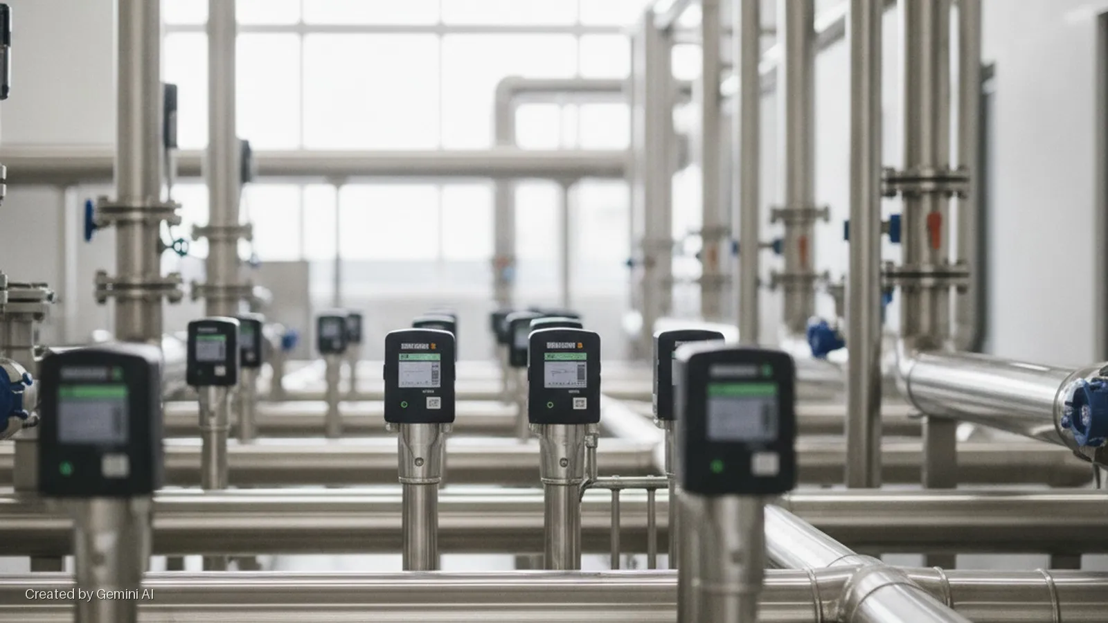 Brightly lit industrial facility with rows of stainless steel pipes, blue and red valves, and digital flow meters.